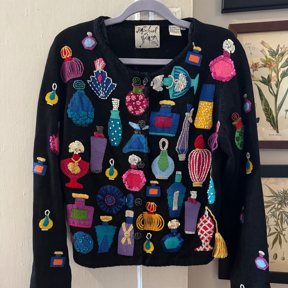 Vintage Beaded Michael Simon Perfume Bottle Sweater *Collectible*